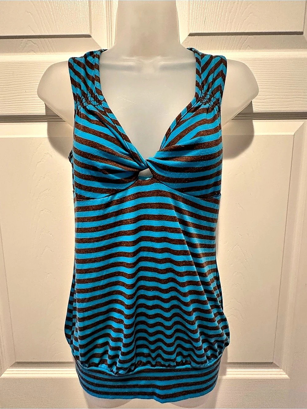 Y2K American Rag Turquoise Brown Striped Twist Front Tank in Blue & Brown Size L